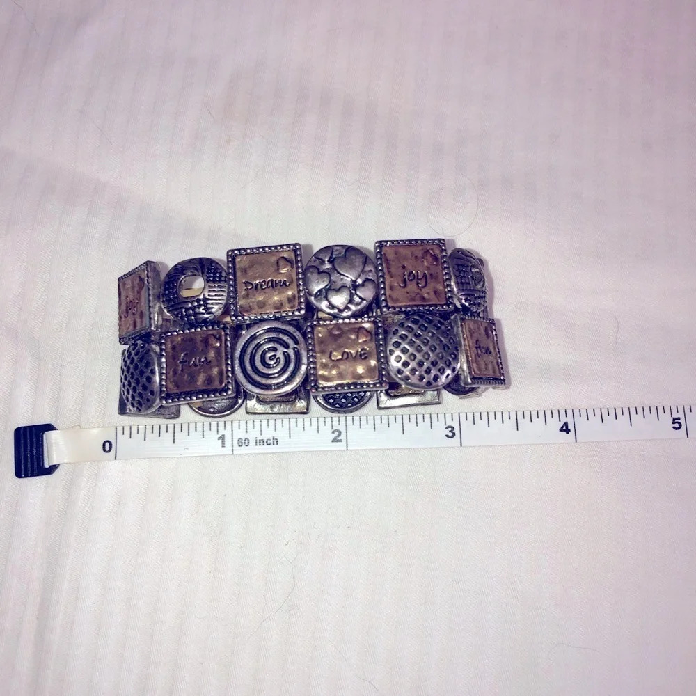 Ladies stretch bracelet 4”-7.5” two -tone square and‎ round textured tiles